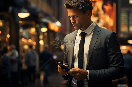 夜晚街头的证券交易员专注的电话谈话图片