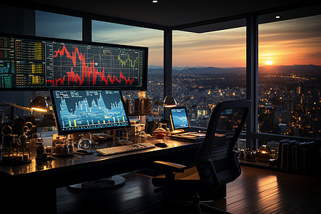 城市傍晚室内大屏幕的股票走势图图片