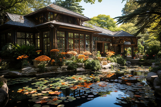 多彩锦鲤池的宁静花园景观图片