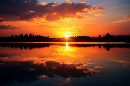 湖边的夕阳和天空中的云彩图片