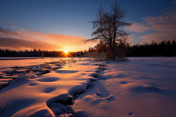 冰上的夕阳图片