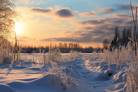 冬日夕阳下的雪景图片