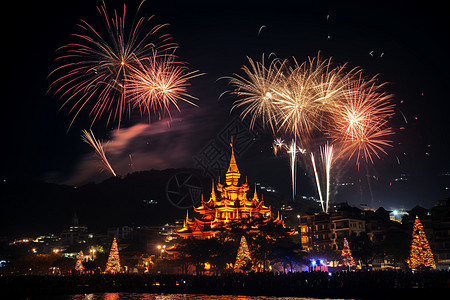 华丽绽放宝塔上空绽放的烟花背景