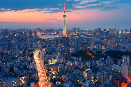 黄昏时繁华的城市建筑景观图片