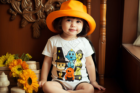 戴着橙色帽子的小女孩图片