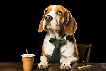 坐在桌前喝咖啡的狗狗图片