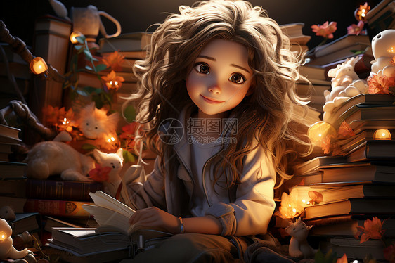 可爱的女孩在蜡烛下阅读图片