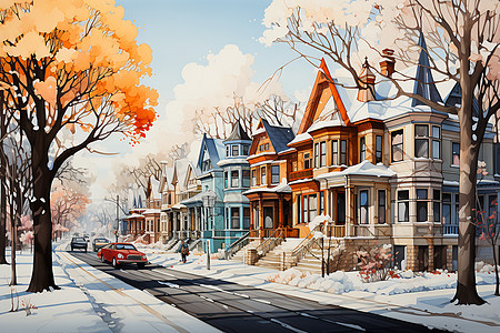 冬日城市街景背景图片