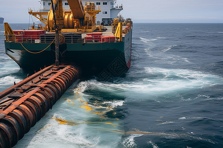 海上拖船在大海中牵引着一艘大船图片