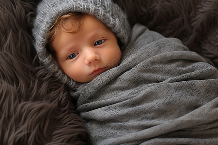 宝宝在灰色毯子上图片