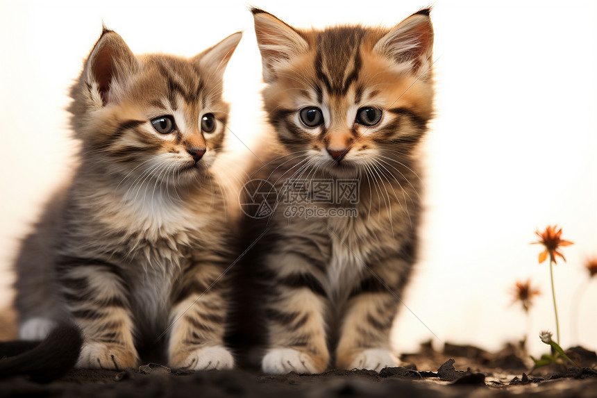 两只小猫咪在花草丛中图片
