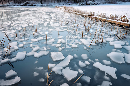 乡村冰冻的芦苇塘景观图片