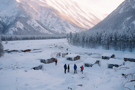 白雪覆盖的山间景观图片