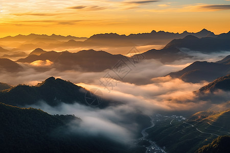 美丽的山间日出云海景观图片