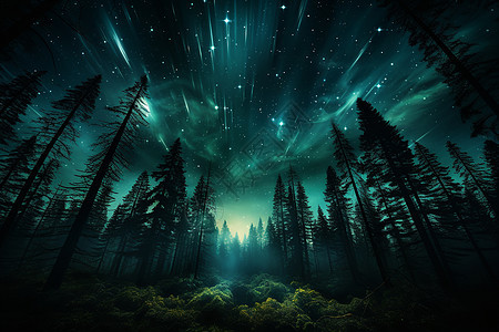 神秘的北极光在夜空中照亮了森林图片