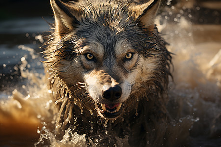 狼奔跑在水中图片