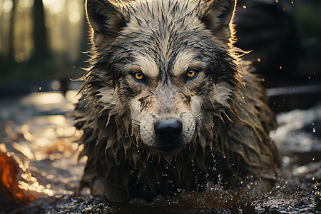 狼在水中追逐图片