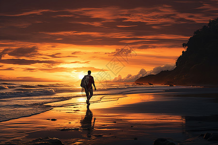 黄昏海滩上散步的男人图片