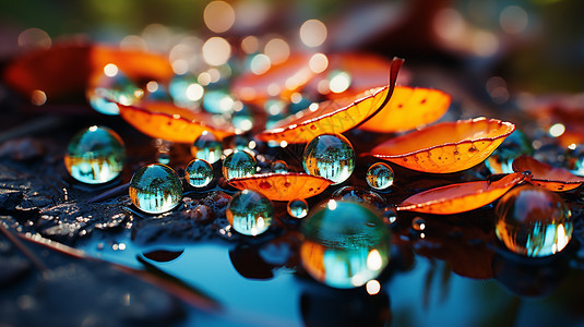 落叶上的水滴。图片
