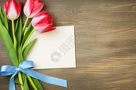 木板上的郁金香和卡纸背景图片