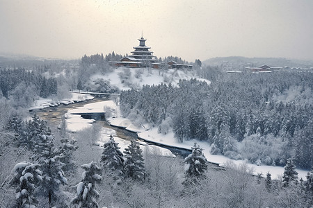 下雪时乡村村庄的美丽景观图片