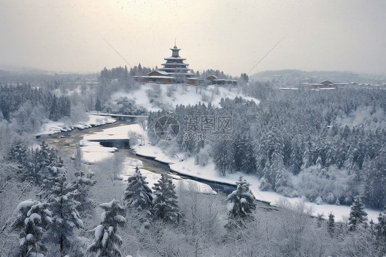 下雪时乡村村庄的美丽景观图片