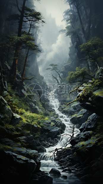 溪流流过薄雾笼罩的森林图片