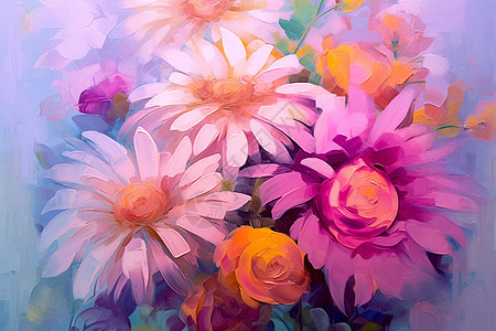 手绘油画盛开的美丽菊花图片