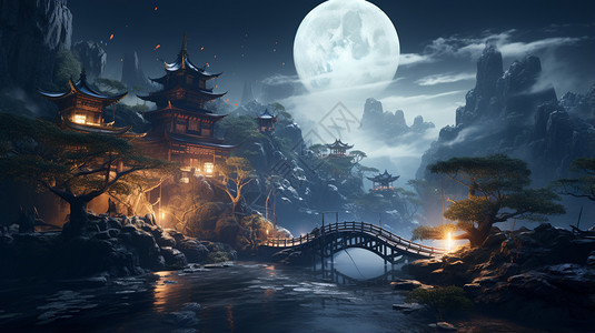 满月下的河流拱桥背景图片