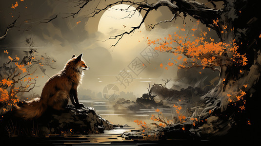 狐狸蹲在河边岩石上图片