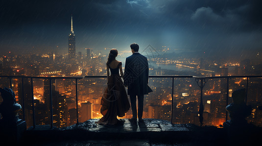 夫妇站在高楼里俯瞰城市夜景图片