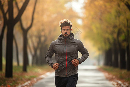 秋天树林里跑步的男人图片
