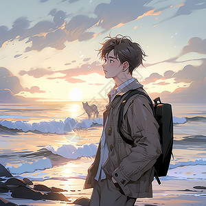 海边站着一个背着背包的男孩图片