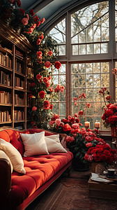 红色客厅窗前的红色花朵和红色的沙发背景