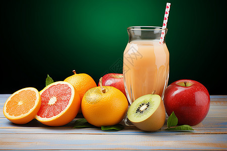 一杯橙汁和一堆水果背景图片
