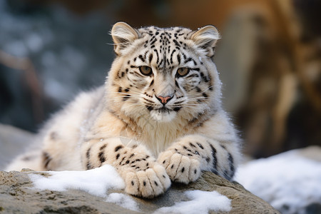 豹子趴在雪地的岩石上图片