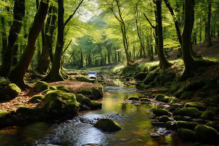 森林中被树木包围的溪流图片