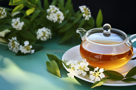 一杯绿茶和白茶壶图片
