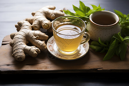 一杯姜茶放在木盘上高清图片