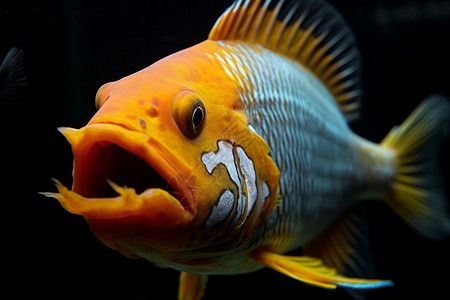 在深色水族馆中有一条张开嘴巴的鱼高清图片