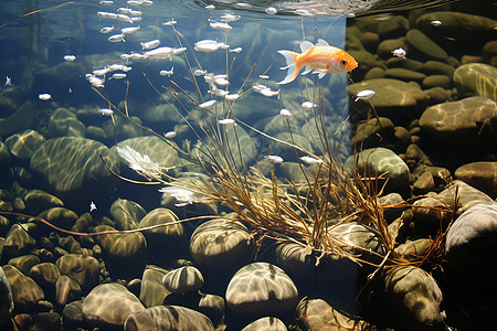 溪流里的金鱼图片