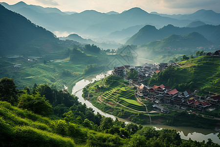 河流穿过郁郁葱葱的山谷图片