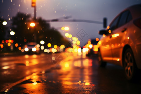 车灯照亮湿漉漉的街道上图片