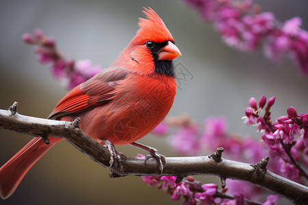 树枝上有一只红色羽毛的小鸟图片