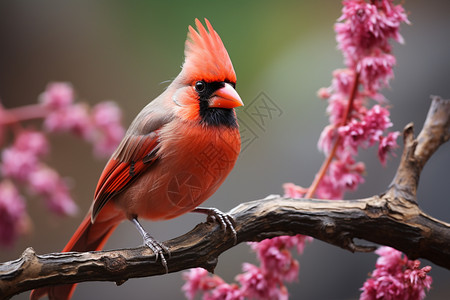 红鸟停栖粉色花朵间图片