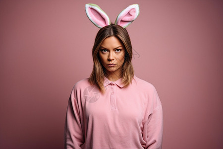 一个小女孩带着兔耳发箍站在粉色背景前图片