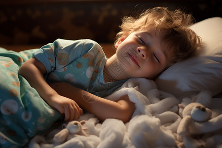 一个小男孩躺在床上图片