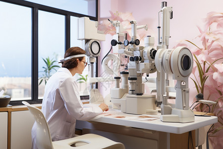 白衣女子用显微镜观察背景上粉色花朵的植物图片。图片