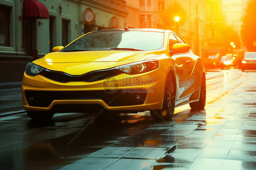 湿街上行驶的黄色跑车图片
