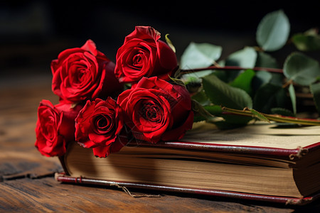 红玫瑰与绿叶上的一本书图片